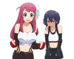  2girls :i black_hair blue_eyes breast_envy breasts commentary cosplay elbow_gloves final_fantasy final_fantasy_vii fingerless_gloves flat_chest flying_sweatdrops gloves highres large_breasts long_hair minamoto_sakura mizuno_ai multiple_girls navel red_eyes red_hair short_hair suspenders tank_top tifa_lockhart tifa_lockhart_(cosplay) ueyama_michirou white_background zombie_land_saga 