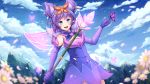  1girl animal_ears ardenlolo blush breasts bug butterfly cloud cloudy_sky commentary detached_sleeves dress elementalist english_commentary eyebrows_visible_through_hair flower gloves happy highres holding holding_staff insect league_of_legends looking_at_viewer luxanna_crownguard mountain mystic_elementalist_lux outdoors purple_eyes purple_gloves sky sleeveless sleeveless_dress small_breasts staff tree upper_teeth watermark web_address white_flower wings 
