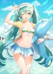  1girl ;d absurdres aqua_eyes aqua_hair arm_up artist_name bikini_skirt blue_skirt blue_sky blurry breasts cloud collarbone day depth_of_field front-tie_bikini front-tie_top goggles goggles_on_head hatsune_miku highres inflatable_toy long_hair looking_at_viewer miniskirt navel one_eye_closed open_clothes open_mouth open_shirt outdoors shirt skirt sky small_breasts smile snorkel solo soyubee standing stomach striped_bikini_top sunlight thighs twintails very_long_hair vocaloid water wristband yellow_shirt 