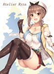  1girl :d absurdres amagi_korona ass atelier_(series) atelier_ryza belt beret boots breasts brown_eyes brown_footwear brown_gloves brown_hair cleavage collarbone commentary_request copyright_name flask gloves hair_ornament hairclip hand_up hat highres jewelry knees_up large_breasts looking_at_viewer midriff_peek necklace open_mouth red_shorts reisalin_stout shirt short_hair short_shorts shorts sidelocks smile solo star thigh_boots thighhighs white_headwear white_shirt 