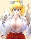  2019 anthro big_breasts blonde_hair blue_eyes blush breasts canid canine canis chest_tuft cleavage clothed clothing domestic_dog female fur grey_fur hair hakama haori hi_res holding_object japanese_clothing kemono looking_at_viewer mammal miko_outfit nipple_outline open_mouth ponytail portrait red_hakama solo surprise tetto three-quarter_portrait tuft white_fur white_haori 