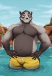  absurd_res anthro badger beard belly big_belly big_hands black_body black_fur claws clothing echo_(series) echo_project facial_hair fur hair hi_res lake male male/male mammal multicolored_body multicolored_ears multicolored_fur multicolored_hair multicolored_head musclegut muscular mustelid musteline navel nikolai_krol solo swimwear szoch the_smoke_room underwear water white_body white_fur 