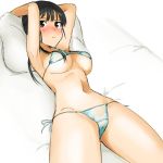  1girl arms_up bed_sheet bikini black_eyes black_hair blush breasts closed_mouth commentary_request kumade_(72153) large_breasts long_hair looking_at_viewer lying navel on_back pillow ponytail sakamoto_mio shiny shiny_hair side-tie_bikini sketch solo strike_witches swimsuit underboob white_bikini world_witches_series 