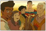  2girls 4boys :d apron black_border black_hair blue_eyes border brown_eyes brown_hair clark_kent collared_shirt dark-skinned_female dark-skinned_male dark_skin dc_comics field highres jacket jake_wyatt jimmy_olsen jonathan_kent_sr. lois_lane martha_kent multiple_boys multiple_girls my_adventures_with_superman official_art shirt smile superhero_costume superman superman_(series) sweater turtleneck turtleneck_sweater v white_hair 