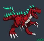  ambiguous_gender bandai_namco big_claws black_stripes blue_eyes claws digimon digimon_(species) feral grey_background hi_res lighter_belly long_tail noki001 open_mouth pupils sharp_teeth simple_background slit_pupils solo stripes tail teeth tongue tyrannomon 