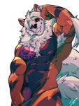  2019 abs anthro anthrofied arcanine armpit_hair bottomwear canid clothing ear_piercing eyebrows flexing fur grin hi_res laarx male mammal muscular muscular_male navel nintendo nipples orange_fur pecs penis piercing pok&eacute;mon pok&eacute;mon_(species) pok&eacute;morph raised_eyebrow red_eyes smile solo tattoo tiggon_the_great video_games 