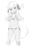  1girl ahoge animal_ears arms_behind_back bikini blush breasts dog_ears dog_tail done_(donezumi) long_hair lowleg lowleg_bikini monochrome navel original side-tie_bikini simple_background sketch small_breasts solo striped striped_bikini swimsuit tail titi-chan_(nezumi_inu) white_background 