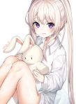  1girl bare_legs blush collarbone collared_shirt crying crying_with_eyes_open highres inhoya2000 knees_up long_hair long_sleeves looking_at_viewer maplestory mole mole_under_eye open_mouth orchid_(maplestory) purple_eyes shirt sidelocks silver_hair simple_background sitting solo stuffed_animal stuffed_bunny stuffed_toy tears thighs twintails twitter_username very_long_hair wavy_mouth white_background white_shirt 