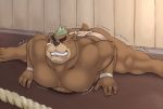  2019 absurd_res ashigara brown_fur butt clothing eyes_closed fur green_hair hair hi_res japanese_clothing lying male mammal mawashi moobs morkov nipples on_front overweight overweight_male solo spread_legs spreading stretching tokyo_afterschool_summoners ursid video_games 