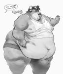  anthro belly belly_overhang big_belly big_butt butt chubby_cheeks clothing double_chin ed_shapeshifter euplerid fossa fur grey_background greyscale hair hand_on_stomach hi_res leaning male mammal midriff monochrome moobs navel nipples obese obese_male overweight overweight_male simple_background solo speech_bubble thick_thighs tight_clothing unseen_character 