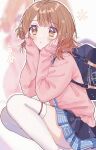 1girl absurdres bag blue_overskirt blue_skirt blush brown_hair cardigan commentary feet_out_of_frame gakuen_idolmaster hair_bun hanai_yuyu hanami_ume hands_on_own_cheeks hands_on_own_face hatsuboshi_gakuen_school_uniform highres idolmaster long_sleeves looking_ahead pink_cardigan pleated_skirt school_bag school_uniform single_side_bun skirt solo squatting thighhighs twitter_username watermark white_thighhighs 