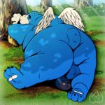  2024 absurd_res anthro balls bear belly big_belly big_butt blue_body butt detailed_background fatback_hog feet genitals hi_res male mammal moosh nintendo oracle_of_ages oracle_of_seasons outside overweight overweight_male penis plant solo the_legend_of_zelda tree wings 