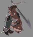  2019 action_pose anthro armor belly body_hair boots brown_fur brown_hair bulge clothing ear_piercing ear_ring facial_hair facial_piercing footwear fur gloves goatee hair happy_trail hi_res kemono male mammal melee_weapon midriff moobs morkov navel nose_piercing nose_ring overweight overweight_male piercing ponytail pose pubes shield simple_background smile solo suid suina sus_(pig) sword unconvincing_armor weapon wild_boar zipper 