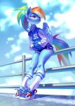  2019 absurd_res anthro anthrofied bored bottomwear clothing equid equine female friendship_is_magic hair hands_in_pockets hi_res holivi jacket leaning legwear looking_aside low-angle_view mammal multicolored_hair my_little_pony pockets ponytail pose pterippus purple_eyes rainbow_dash_(mlp) rainbow_hair reclining short_shorts shorts socks solo topwear wings 
