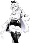  1girl :d atelier_(series) atelier_ryza bangs belt belt_buckle beret blush breasts buckle cleavage collarbone eyebrows_visible_through_hair gloves greyscale hair_between_eyes hair_ornament hairclip hand_up hat hat_ribbon holding holding_weapon jacket jewelry looking_at_viewer medium_breasts monochrome navel necklace open_clothes open_jacket open_mouth reisalin_stout ribbon ririko_(zhuoyandesailaer) round_teeth shirt short_shorts short_sleeves shorts simple_background single_glove skindentation smile solo star star_necklace teeth thighhighs thighs upper_teeth v-shaped_eyebrows vial weapon white_background 