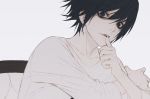  1boy bags_under_eyes black_eyes black_hair chair collarbone crossed_arms death_note hair_between_eyes l_(death_note) looking_at_viewer open_mouth shirt short_hair sitting thumb_to_mouth wanke white_shirt 