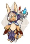  1other :3 ambiguous_gender animal_ears artist_name blush eyebrows_visible_through_hair full_body green_eyes highres holding holding_staff kawasemi27 looking_at_viewer made_in_abyss nanachi_(made_in_abyss) open_mouth short_hair smile solo staff tail twitter_username whiskers white_hair 