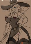  2019 anthro big_breasts blue_eyes breasts clothed clothing doomthewolf dragon female hair hat headgear headwear hi_res legwear looking_at_viewer magic_user monochrome nipples nude pussy simple_background smile solo standing translucent translucent_clothing witch witch_hat 