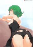  1girl arm_support artist_name ass bangs bare_arms bare_shoulders black_dress black_panties blush closed_mouth cowboy_shot day deru06 dress from_behind from_below green_eyes green_hair highres leaning_forward looking_at_viewer looking_back looking_down one-punch_man outdoors panties patreon_username sarashi short_hair sky solo tatsumaki thighs torn_clothes torn_dress underwear 