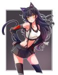  1girl animal_ears black_hair black_legwear black_skirt blake_belladonna breasts cat_ears cat_tail cosplay crop_top earrings final_fantasy final_fantasy_vii fingerless_gloves gloves highres iesupa jewelry long_hair midriff miniskirt navel rwby skirt solo sports_bra suspender_skirt suspenders tail tank_top thighhighs tifa_lockhart tifa_lockhart_(cosplay) yellow_eyes 