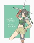  1girl 2017 bangs black_hair breasts brown_eyes brown_gloves character_name crop_top cropped_legs eyebrows_visible_through_hair final_fantasy final_fantasy_vii fingerless_gloves fishnet_legwear fishnets gloves hand_on_hip happy_birthday headband highres holding holding_weapon looking_at_viewer medium_breasts open_fly short_hair shorts shuriken single_thighhigh smile solo thighhighs toufu_(toufu_53) turtleneck weapon yuffie_kisaragi 