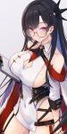  1girl azur_lane bare_shoulders black_gloves black_hair blue_hair blush breasts cleavage cleavage_cutout clipboard clothing_cutout coat collared_dress colored_inner_hair commentary_request covered_navel cowboy_shot dress dupleix_(azur_lane) eyewear_strap garter_straps glasses gloves hair_ornament highres holding holding_clipboard large_breasts long_hair looking_at_viewer microdress mole mole_on_breast multicolored_hair no_panties parted_bangs purple_eyes round_eyewear semi-rimless_eyewear sideboob simple_background single_garter_strap single_glove sleeveless sleeveless_dress smile solo thighs two-sided_coat two-sided_fabric very_long_hair waa!_okami white_background white_coat white_dress yellow-framed_eyewear 