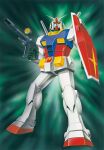  1970s_(style) 1980s_(style) artist_request beam_rifle box_art energy_gun glint gundam gunpla lowres mecha mecha_focus mobile_suit_gundam model_kit no_humans retro_artstyle robot rx-78-2 scan science_fiction scope shield traditional_media v-fin weapon 