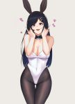  :d :p animal_ears ass_visible_through_thighs bangs bare_shoulders black_gloves black_legwear blue_hair blush breasts bunny_ears bunnysuit cleavage collarbone covered_navel detached_collar elbow_gloves eyebrows_visible_through_hair fake_animal_ears gg-e gloves grey_background groin hairband head_tilt heart highleg highleg_leotard highres large_breasts leotard long_hair looking_at_viewer open_mouth original pantyhose sidelocks simple_background smile strapless strapless_leotard tail tongue tongue_out white_leotard 