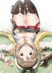  1girl atelier_(series) atelier_ryza belt blush breasts brown_eyes brown_hair cleavage grass hair_ornament hairclip hat highres jewelry looking_at_viewer lying necklace on_back red_shorts reisalin_stout short_shorts shorts smile solo star thighhighs thighs yellow_eyes 