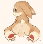  3_toes all_fours anthro anus backsack balls balls_outline black_pupils blue_eyes butt cub cum fur head_tuft lagomorph leporid looking_at_viewer looking_back male mammal nude pawpads perineum rabbit rear_view red_pawpads simple_background solo tan_fur toes young yupa 
