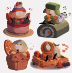  4boys beanie blue_beanie blueberry brown_jacket brown_mittens cake character_name cupcake eric_cartman food fruit green_hat green_mittens hat highres hiyashimeso hood hood_up jacket kenny_mccormick kyle_broflovski male_focus mini_person miniboy mittens multiple_boys on_food orange_(fruit) orange_jacket orange_slice pom_pom_(clothes) pom_pom_beanie raspberry red_jacket south_park stan_marsh swiss_roll waffle yellow_mittens 