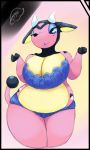  2019 anthro artesjsc big_breasts big_butt blue_clothing bovid bovine bra breasts butt clothed clothing digital_media_(artwork) female horn huge_breasts lipstick makeup mammal miltank nintendo overweight pok&eacute;mon pok&eacute;mon_(species) simple_background solo underwear video_games wide_hips 