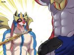  2019 4:3 abs absurd_res anthro anthrofied balls canid canine hi_res humanoid_penis humor legendary_pok&eacute;mon male mammal muscular muscular_male nintendo nipples pecs penis pok&eacute;mon pok&eacute;mon_(species) saliva simple_background tongue video_games weapon wide_eyed zacian zamazenta zourik 