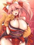  1girl alternate_breast_size animal_ear_fluff animal_ears bare_shoulders bell bell_collar blush breasts cat_paws cleavage collar commentary detached_sleeves fangs fate/grand_order fate_(series) fox_ears fox_girl fox_tail gloves groin hair_ribbon heart highres huge_breasts japanese_clothes jingle_bell kimono long_hair no_panties open_mouth paw_gloves paws pink_hair ponytail red_kimono red_ribbon ribbon rikamarika solo tail tamamo_(fate)_(all) tamamo_cat_(fate) yellow_eyes 