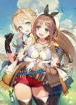  2girls :d atelier_(series) atelier_ryza belt between_breasts black_gloves blonde_hair blue_skirt blush boots braid breast_hold breasts brown_eyes brown_hair cleavage collarbone cowboy_shot gloves grass green_eyes hair_ornament hairband hairclip hand_between_breasts hat hug hug_from_behind jewelry klaudia_valentz large_breasts long_hair looking_at_another multiple_girls navel necklace official_art open_mouth pantyhose partly_fingerless_gloves red_shorts reisalin_stout round-bottom_flask short_shorts shorts single_glove skindentation skirt smile star star_necklace thigh_boots thighhighs thighs toridamono vial white_gloves white_headwear white_legwear wind yuri 