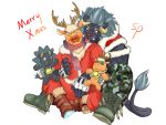  4:3 absurd_res anthro antlers boots bottomwear christimas clothed clothing duo felid footwear fur hair hi_res horn krampus_(housamo) lion male male/male mammal mane muscular muscular_male pantherine plushie simple_background sonypanda tan_fur tokyo_afterschool_summoners tongue tongue_out topwear video_games white_background youl 