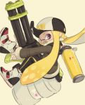  1girl baseball_cap black_headwear black_jacket black_legwear blonde_hair commentary commentary_request domino_mask fang floating from_side hat heavy_splatling_(splatoon) high_tops highres holding holding_weapon ink_tank_(splatoon) inkling jacket leggings long_hair long_sleeves looking_at_viewer mask o_masuta open_mouth pointy_ears print_hat purple_eyes shoes simple_background single_vertical_stripe smile solo splatoon_(series) splatoon_2 symbol_commentary tentacle_hair weapon white_background white_footwear yellow_tongue 