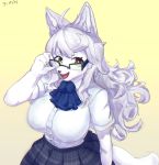  anthro black_nose breasts canid canine clothing eyewear female front_view glasses hi_res inner_ear_fluff looking_at_viewer mammal mature_female open_mouth open_smile simple_background smile solo sususuigi three-quarter_view topwear white_clothing white_topwear yellow_background 
