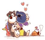  alternate_color banjo-kazooie banjo_(banjo-kazooie) bear bear_paws bird blush commentary crossover dog dog_(duck_hunt) duck duck_(duck_hunt) duck_hunt heart hug kazooie_(banjo-kazooie) kirby kirby_(series) looking_at_another no_humans one_eye_closed open_mouth saori_(kabicha_910) sitting sitting_on_person sketch super_smash_bros. tearing_up twitter_username white_background 