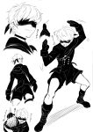  1boy bag blindfold blush boots choker collage combat_boots covered_eyes fighting_stance highres imizu_(nitro_unknown) male_focus nier_(series) nier_automata pose short_hair shorts socks solo translation_request yorha_no._9_type_s 