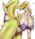  2017 anthro big_breasts bottomless breasts clothed clothing dragon female glistening glistening_body green_body looking_at_viewer mature_female navel nipple_outline omowyi_moto scalie simple_background skimpy solo tan_body two_tone_body white_background 