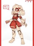 anthro canid canine canis domestic_dog english_text female full-length_portrait hi_res looking_at_viewer lordyanyu machine mammal portrait red_eyes robot simple_background smile solo speech_bubble spot_(jayrnski) standing text white_background white_sclera