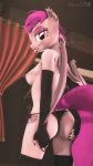  2018 3d_(artwork) 5_fingers absurd_res anthro armwear bat_pony breasts butt clothed clothing digital_media_(artwork) ear_piercing elbow_gloves equid eyelashes fan_character fangs female fingerless_gloves gloves hair hand_on_butt hi_res inside legwear looking_back mammal my_little_pony nipples open_mouth piercing pink_hair plummy_spikes red_eyes skyleesfm source_filmmaker teeth thigh_highs tongue tongue_out topless underwear wings 