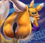  2019 3_fingers absurd_res anthro anus big_butt black_nose blue_eyes butt canid canine claws digimon digimon_(species) digital_media_(artwork) female fluffy fluffy_tail fur hi_res legs_up looking_at_viewer mammal open_mouth presenting presenting_pussy pussy renamon signature snout solo v-tal white_fur yellow_fur 