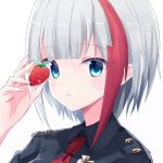  1girl admiral_graf_spee_(azur_lane) azur_lane bangs black_shirt blue_eyes blush collared_shirt commentary_request eyebrows_visible_through_hair fingernails food fruit hand_up holding holding_food looking_at_viewer multicolored_hair parted_lips red_hair red_neckwear shirt silver_hair simple_background solo strawberry streaked_hair suzume_anko upper_body white_background 