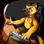  1:1 2019 belt bottomwear canid canine canis cellphone chair clothing collar desk domestic_dog electronics english_text eyewear furniture german_shepherd glasses herding_dog hi_res keyboard male mammal monitor name_tag ohfourmouse pastoral_dog phone shorts table text 