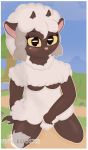  2019 5_fingers anthro anthrofied biped black_eyes bovid caprine clothing dark_skin female fur grey_hair hair hi_res horizontal_pupils long_ears looking_at_viewer mammal nintendo outline pink_nose pok&eacute;mon pok&eacute;mon_(species) pok&eacute;morph short_hair smile solo sweater topwear video_games vinylrooster white_hair white_pupils wide_hips wool wooloo yellow_sclera 