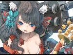  1girl animal_ears azur_lane black_hair black_kimono blue_eyes breasts butterfly_hair_ornament cat_ears cleavage eyebrows_visible_through_hair fusou_(azur_lane) hair_ornament japanese_clothes kimono large_breasts long_hair nyucha open_mouth rigging solo 
