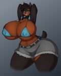  2019 anthro ashley_garnet_(lildredre) big_breasts bikini bikini_top bottomwear breasts canid canine canis cleavage clothed clothing digital_media_(artwork) dobermann domestic_dog female fur hair hands_behind_head headphones hi_res huge_breasts hyper hyper_breasts looking_at_viewer mammal navel nipples pinscher shorts simple_background small_head smile solo standing superix swimwear thick_thighs topwear voluptuous wide_hips 