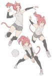  1girl animal_ears arm_warmers armpits black_legwear breasts cat_ears cat_tail fang full_body long_hair mogumo multiple_views original own_hands_together pink_hair ponytail running shoes short_shorts shorts simple_background small_breasts sneakers sportswear sweat tail tank_top thighhighs volleyball volleyball_uniform white_background 